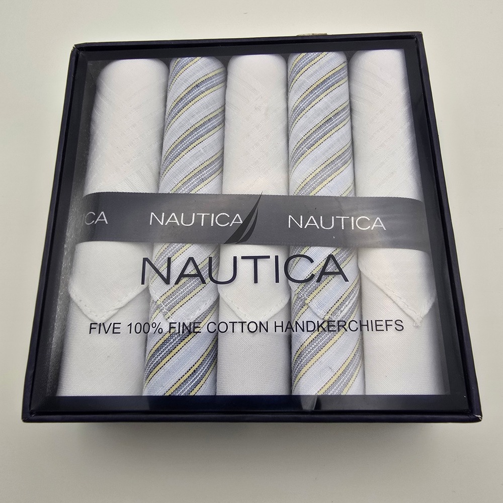 Nautica Handkerchiefs Mens White Blue 5 Pack Cotton Striped Solid Gift Set
